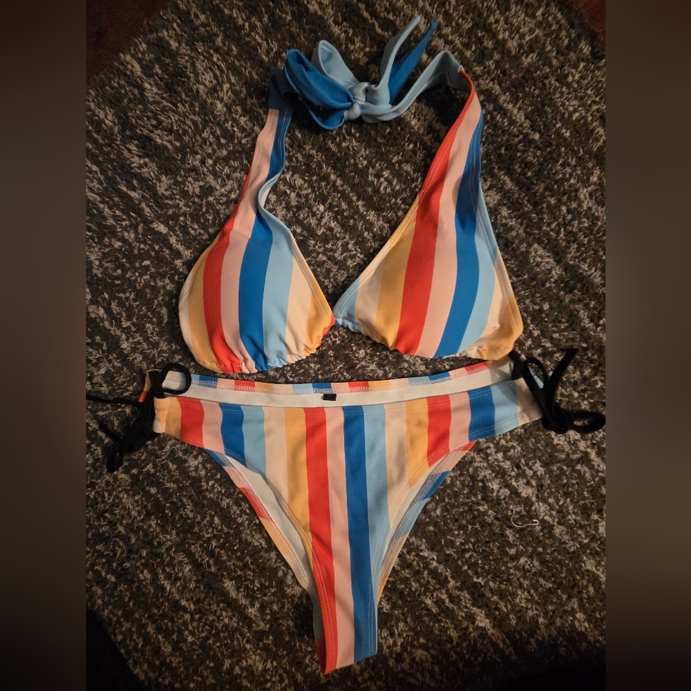 Striped Bikini Set with Halter Top